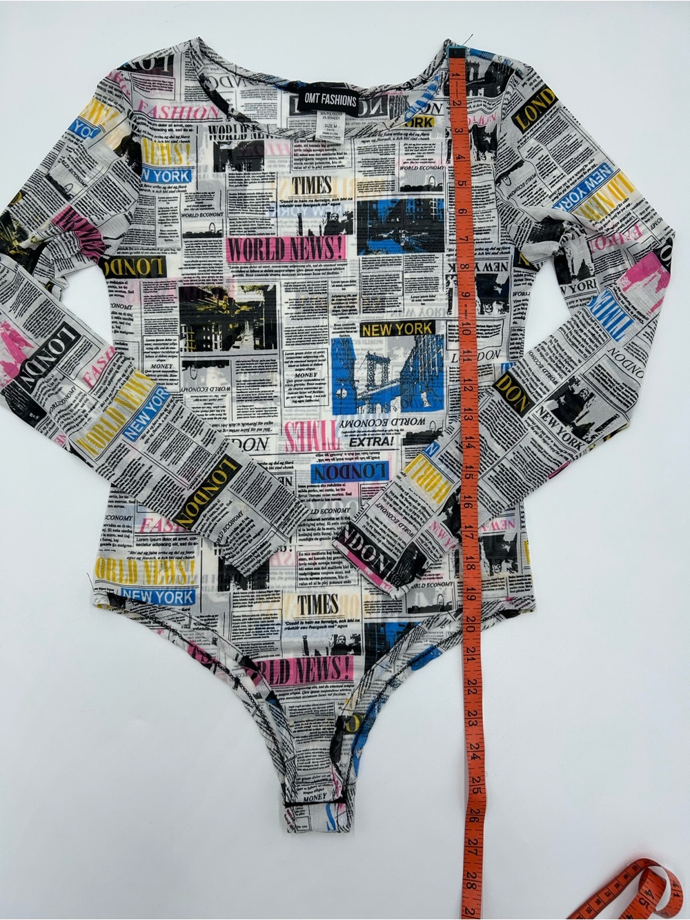 Newspaper Print Long-Sleeve Sheer Women’s Bodysuit M - Picture 6 of 7